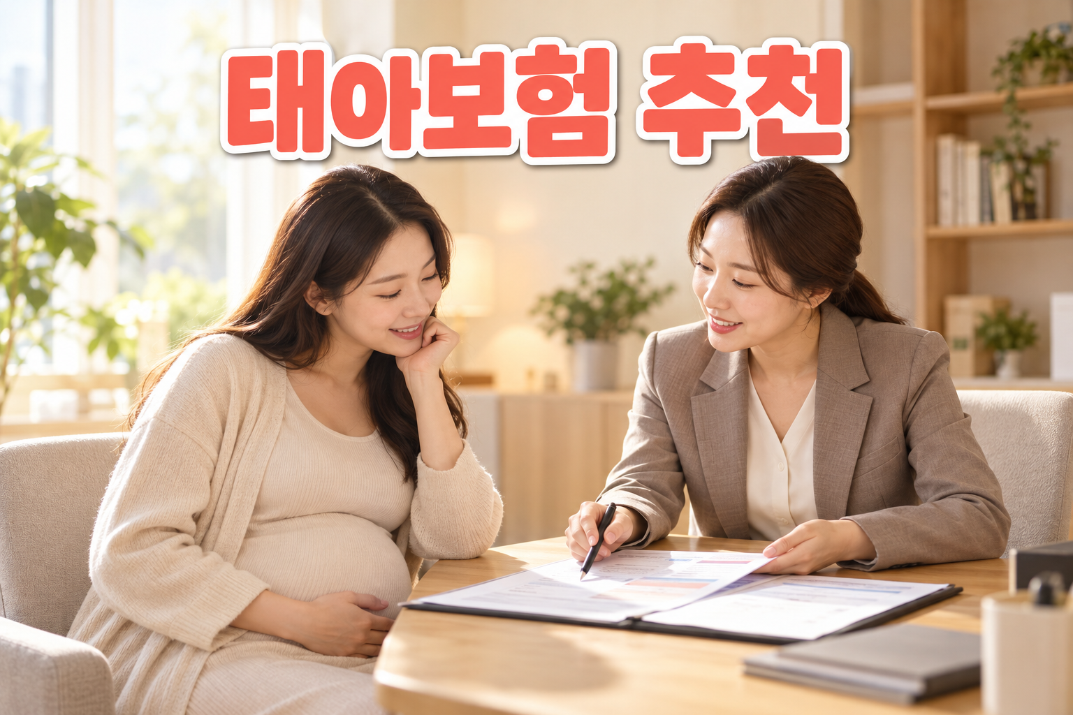 태아보험 안내 자료를 함께 살펴보는 임산부와 상담자 이미지